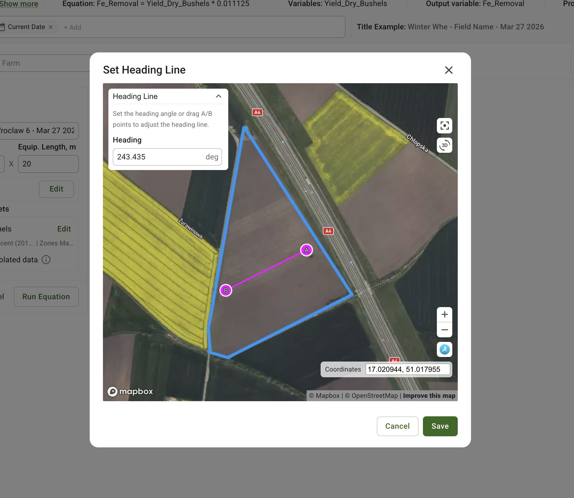 Set Heading Line popup with a draggable AB line on the field map.