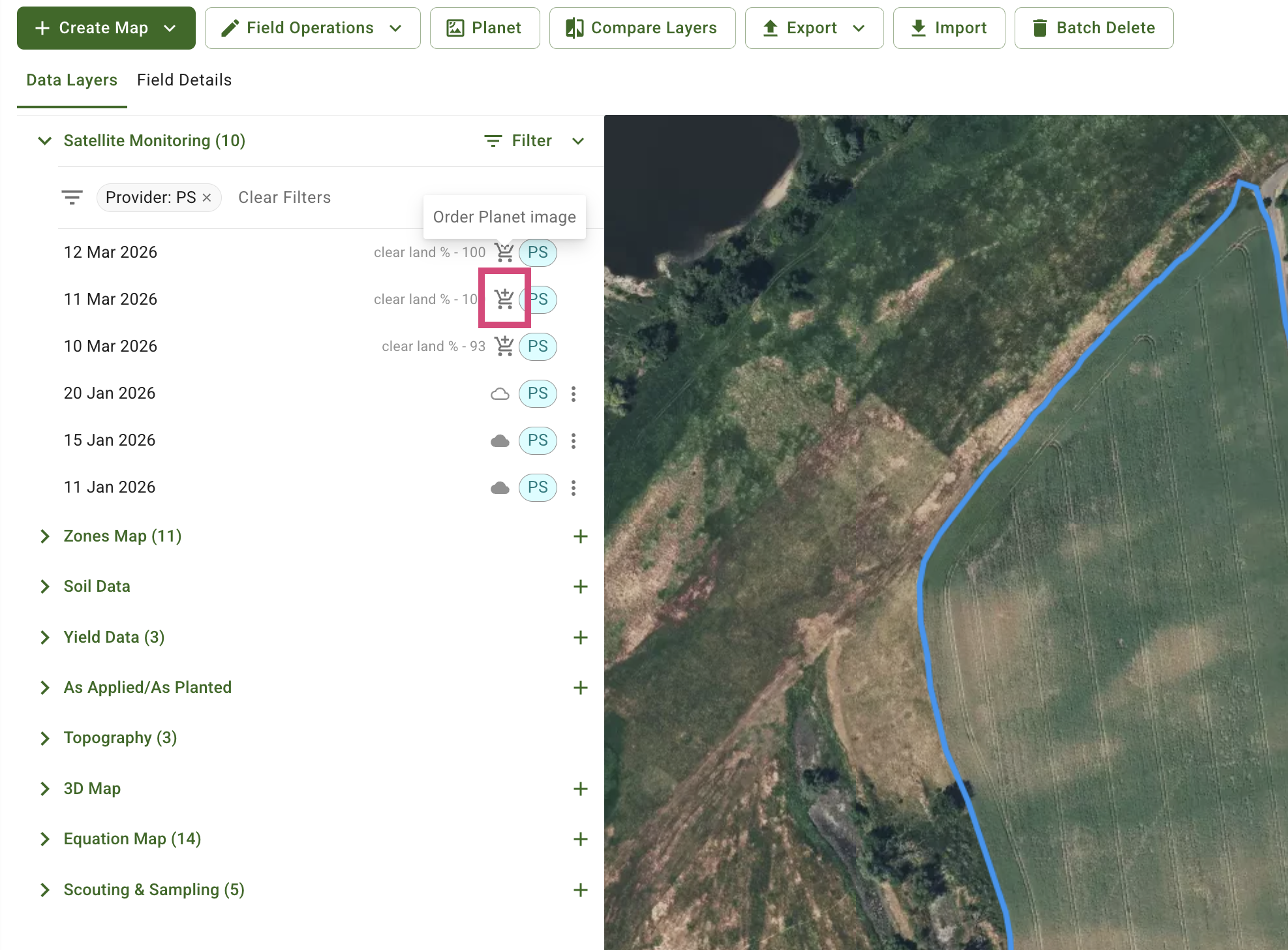 Icon for ordering a Planet image displayed next to the imagery date in the Data Layers panel.