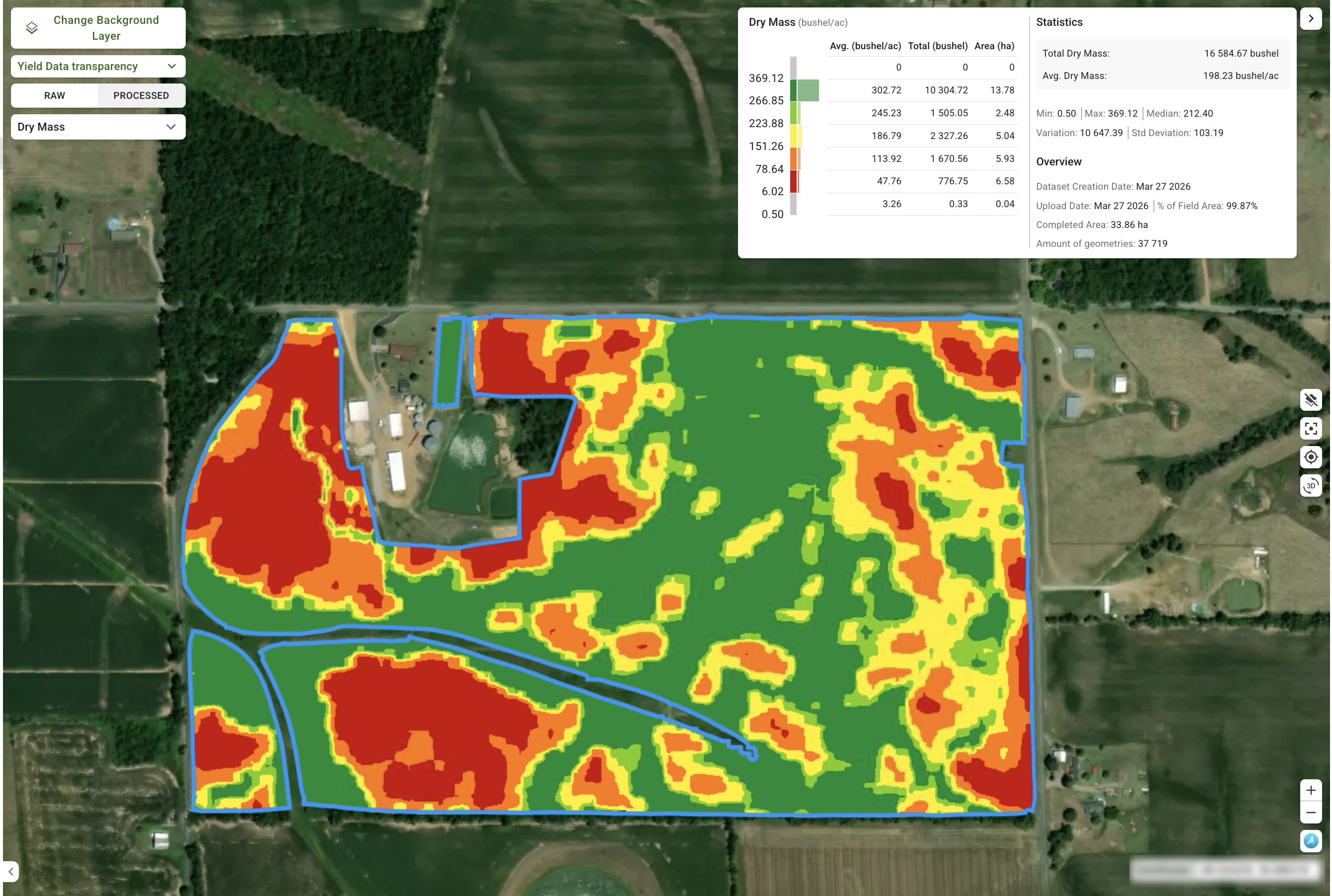 Generative yield map displaying the dry mass attribute and a legend with the statistics.