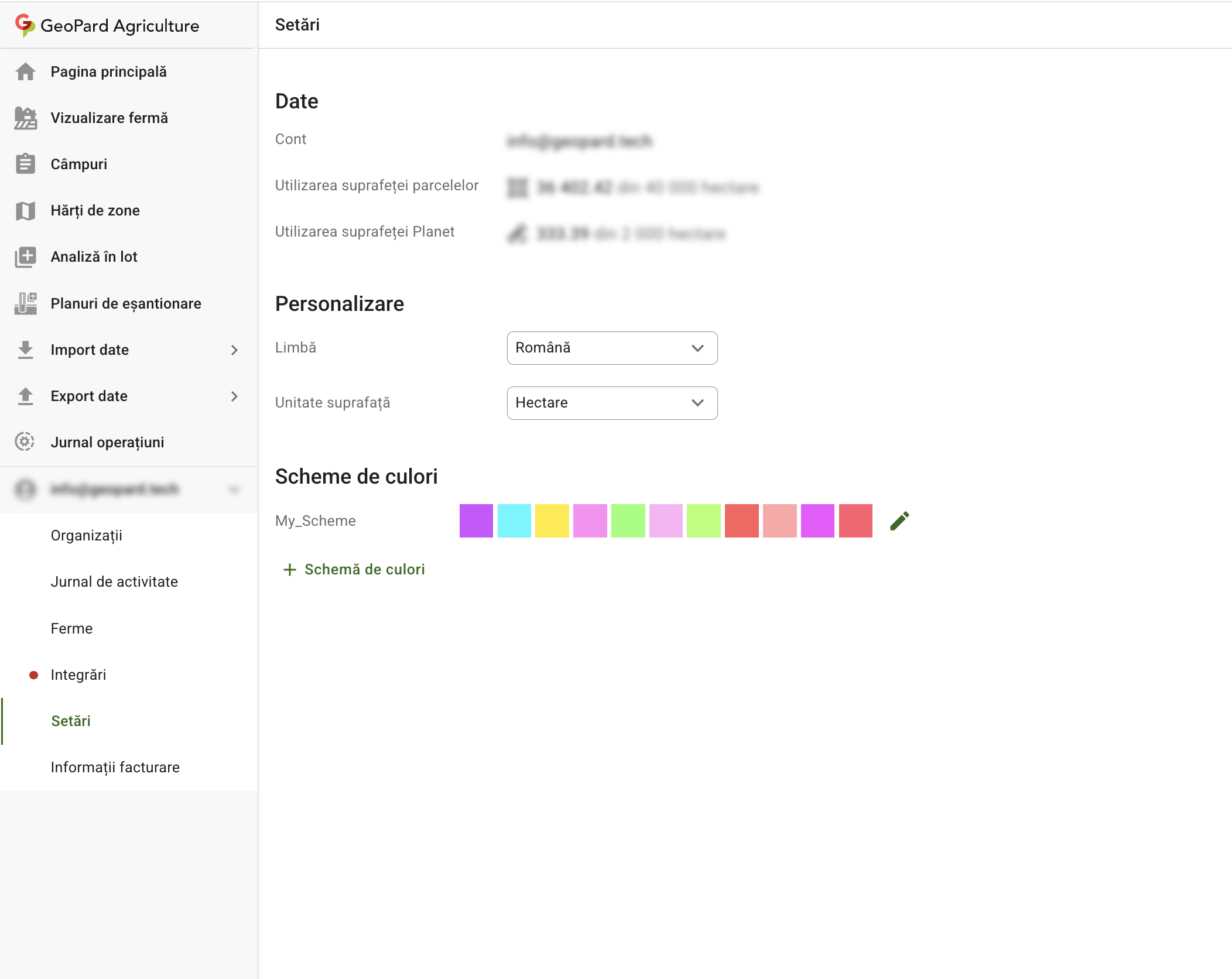 GeoPard Settings page fully displayed in Romanian, with language set to "Română" in the Personalization section.